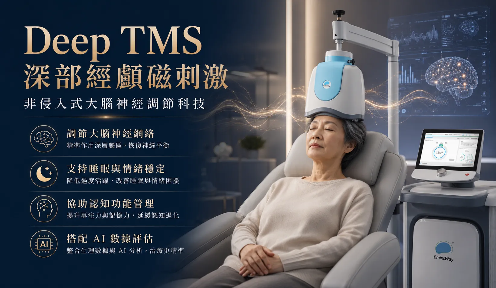 Deep TMS 是非侵入式腦神經調節科技，可搭配 AI 數據評估，用於大腦健康、睡眠與情緒管理。