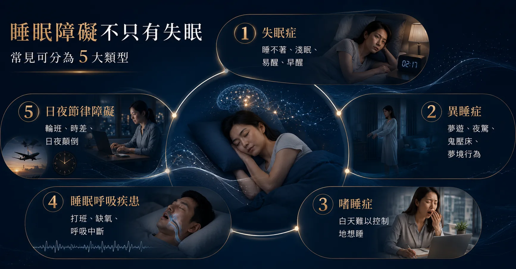 睡眠障礙主要包含失眠症、異睡症、嗜睡症、睡眠呼吸相關疾患與日夜節律睡眠障礙。
