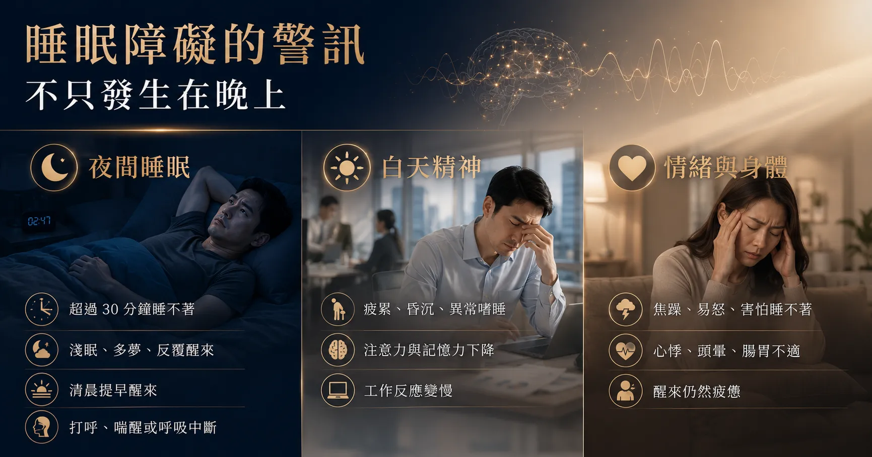 睡眠障礙可能造成入睡困難、半夜醒來、早醒、打呼缺氧、白天嗜睡、注意力下降與情緒不穩。