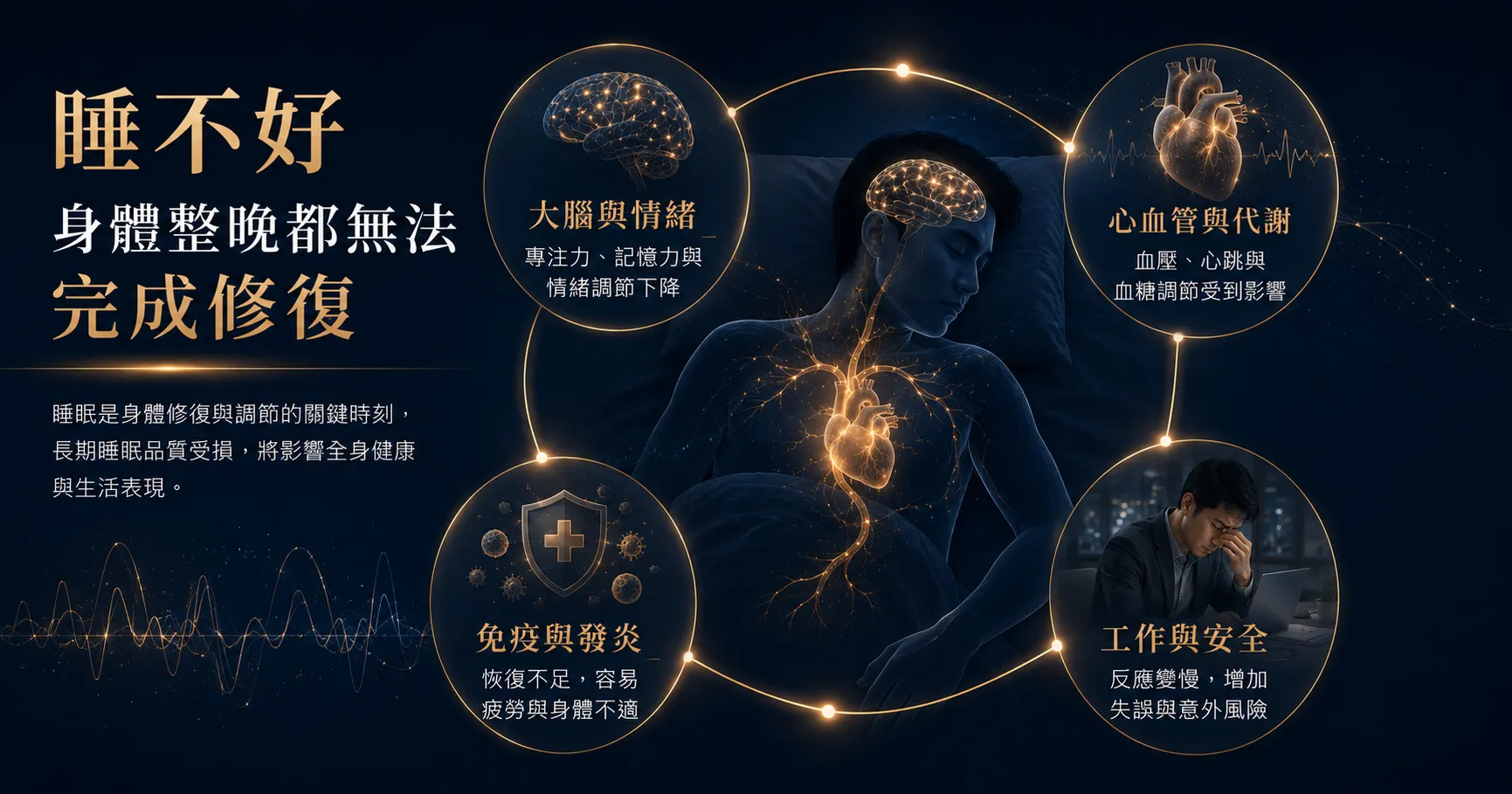 長期睡眠障礙可能影響大腦認知、情緒、心血管代謝、免疫恢復與白天工作安全。