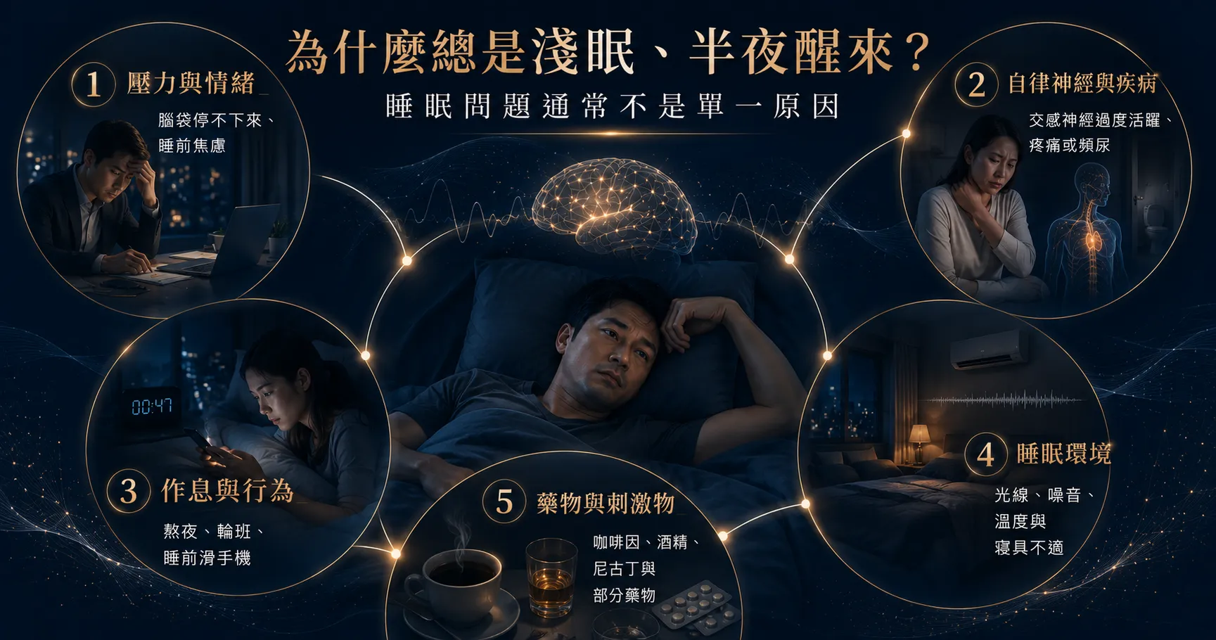 淺眠易醒常與壓力焦慮、自律神經失衡、身體不適、作息混亂、睡眠環境及刺激物有關。