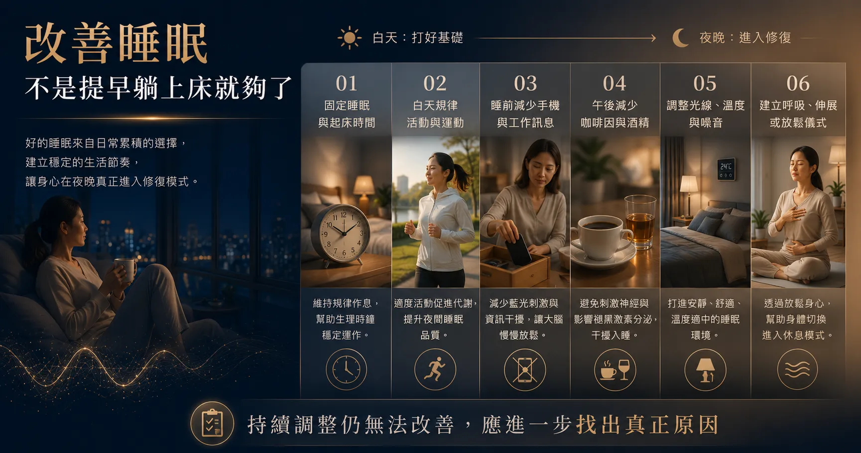 改善睡眠可從固定作息、規律運動、減少睡前使用手機、控制咖啡因與調整睡眠環境開始。