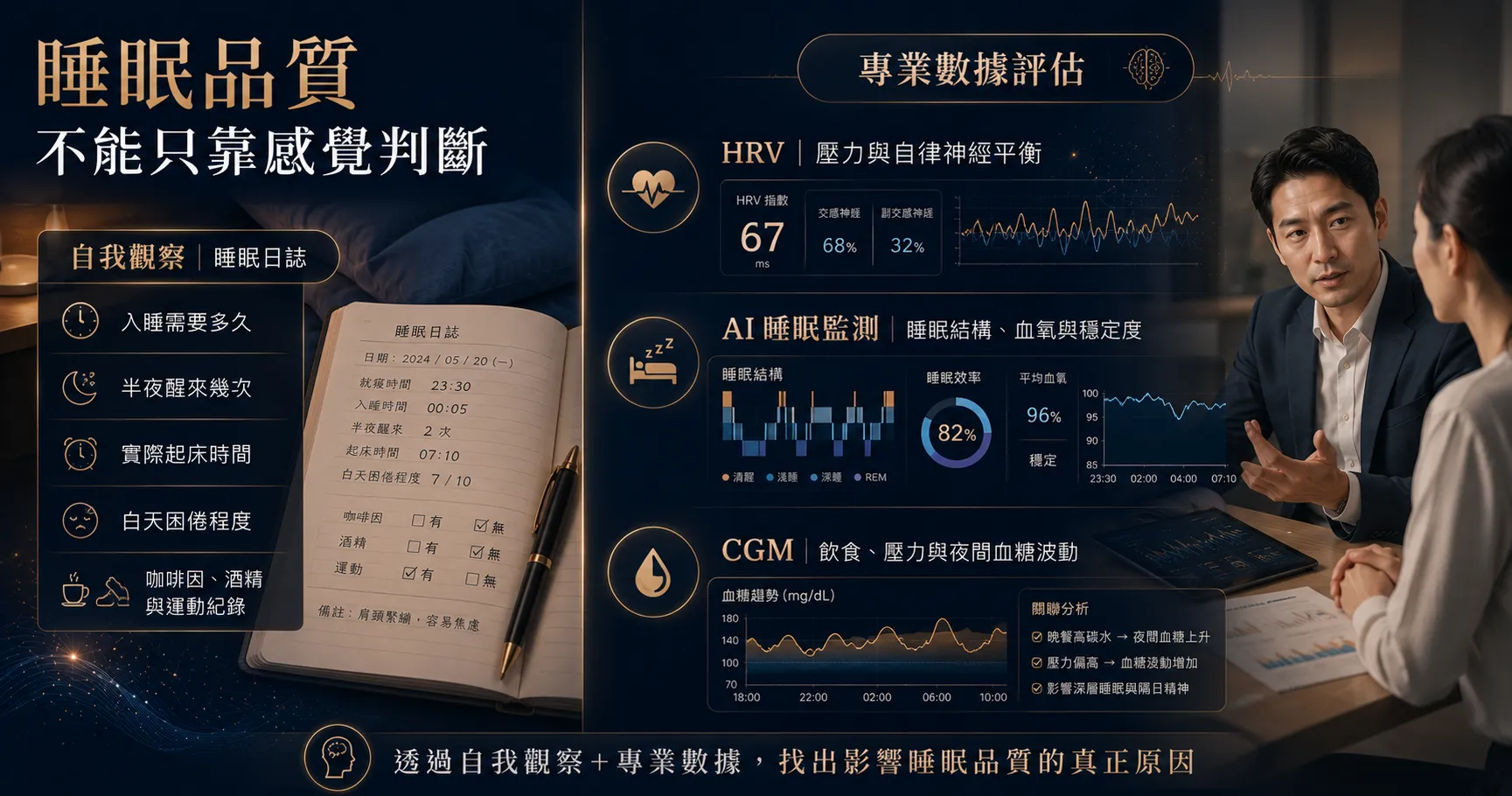 睡眠障礙可透過睡眠日誌、HRV 自律神經檢測、AI 睡眠監測與 CGM 連續血糖監測進行評估。
