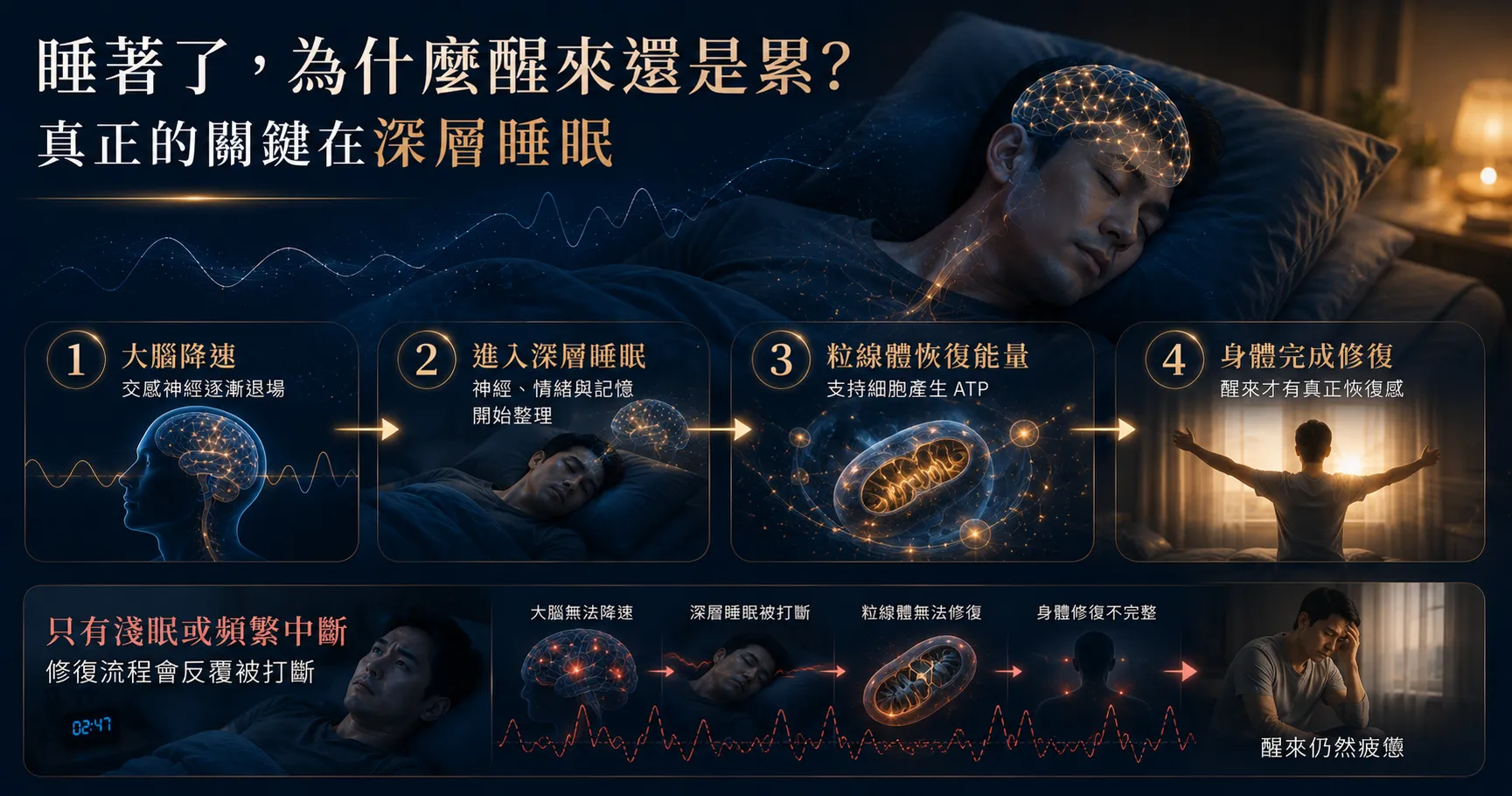 深層睡眠有助於神經、記憶與細胞能量恢復，若睡眠反覆中斷，即使睡很久仍可能感到疲憊。