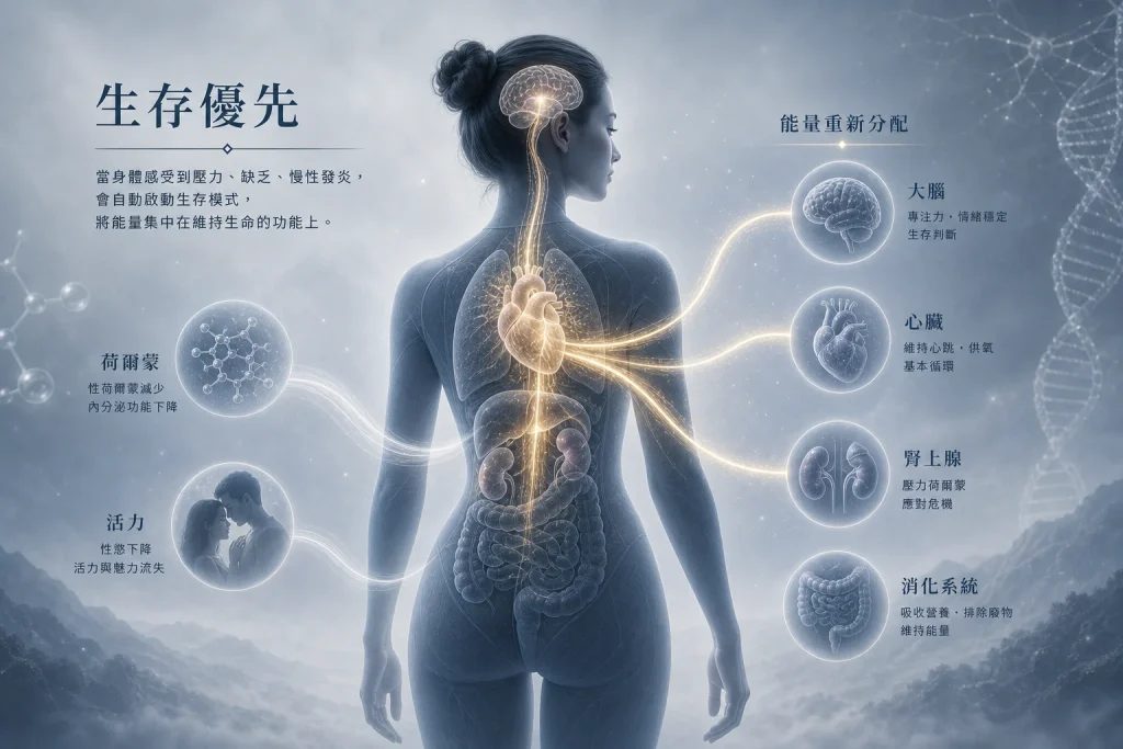 荷爾蒙醫學示意圖，說明身體進入生存模式時會優先保留核心器官能量，進而降低荷爾蒙與親密活力