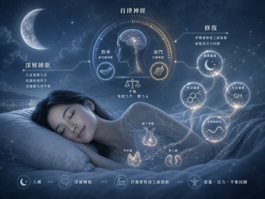 荷爾蒙醫學示意圖，說明深層睡眠與自律神經平衡如何影響荷爾蒙分泌、修復與親密功能表現