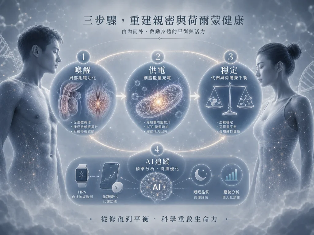 荷爾蒙醫學整合治療示意圖，說明喚醒、供電、穩定與AI追蹤如何重建荷爾蒙與私密健康