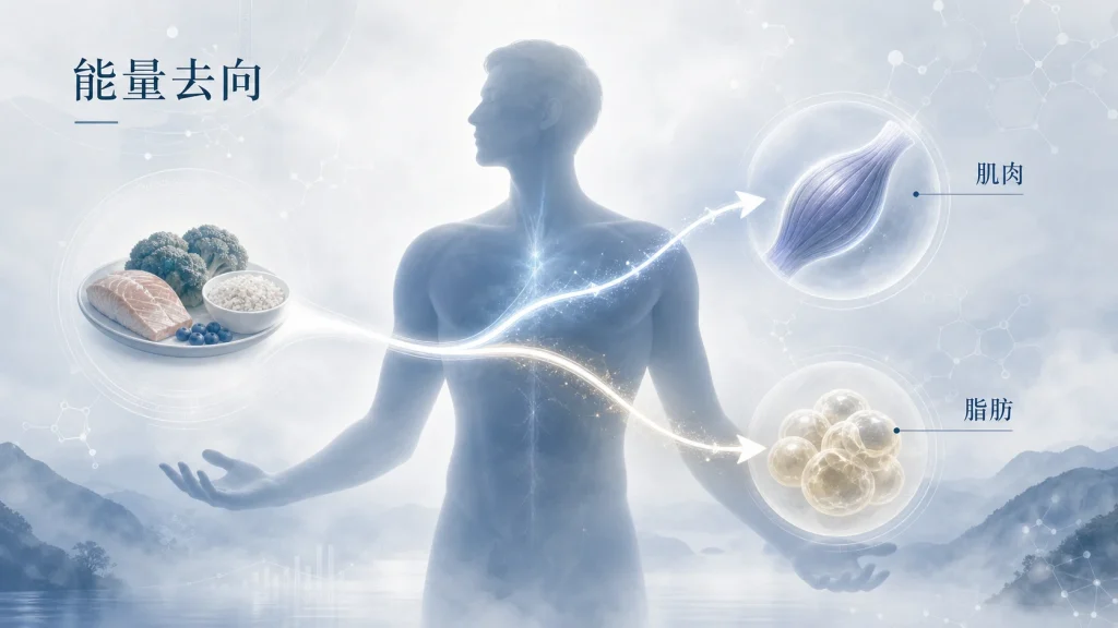 代謝醫學示意圖，說明葡萄糖如何在肌肉利用或轉為脂肪儲存，幫助理解能量去向與代謝效率的關係