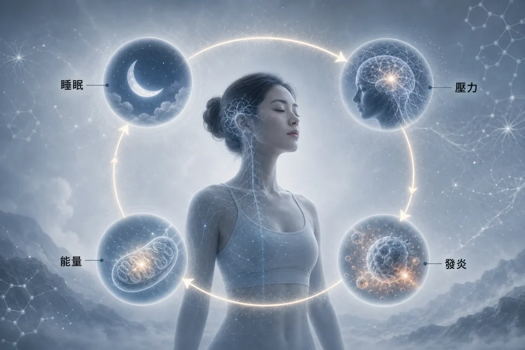 代謝醫學示意圖，說明睡眠不足、壓力、慢性發炎與粒線體能量下降如何形成代謝惡性循環