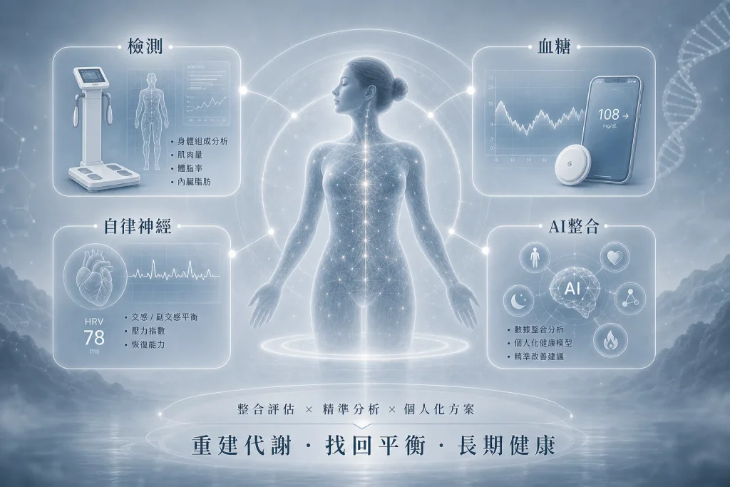 代謝醫學整合評估示意圖，包含血糖監測、自律神經分析與AI健康模型，說明如何找出肥胖與代謝失衡原因
