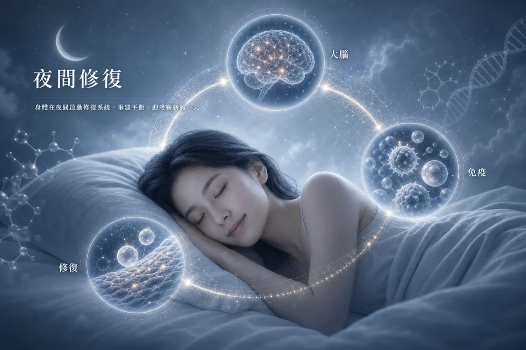 睡眠醫學示意圖，說明睡眠是大腦與身體的夜間修復工程，包含免疫平衡、組織修復與神經整理