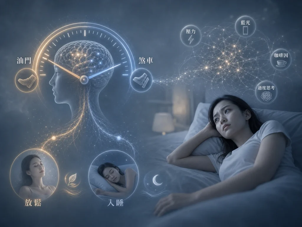 睡眠醫學示意圖，說明自律神經油門與煞車失衡如何讓大腦難以放鬆入睡，造成失眠與淺眠問題