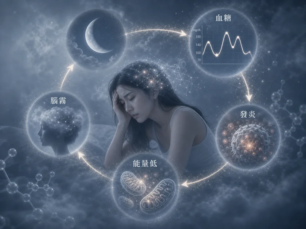 睡眠醫學示意圖，說明睡眠不足如何引發血糖波動、慢性發炎、能量下降與腦霧的惡性循環