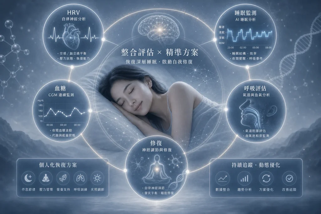 睡眠醫學整合評估示意圖，包含HRV自律神經分析、睡眠監測與血糖數據，說明睡眠修復的整體規劃