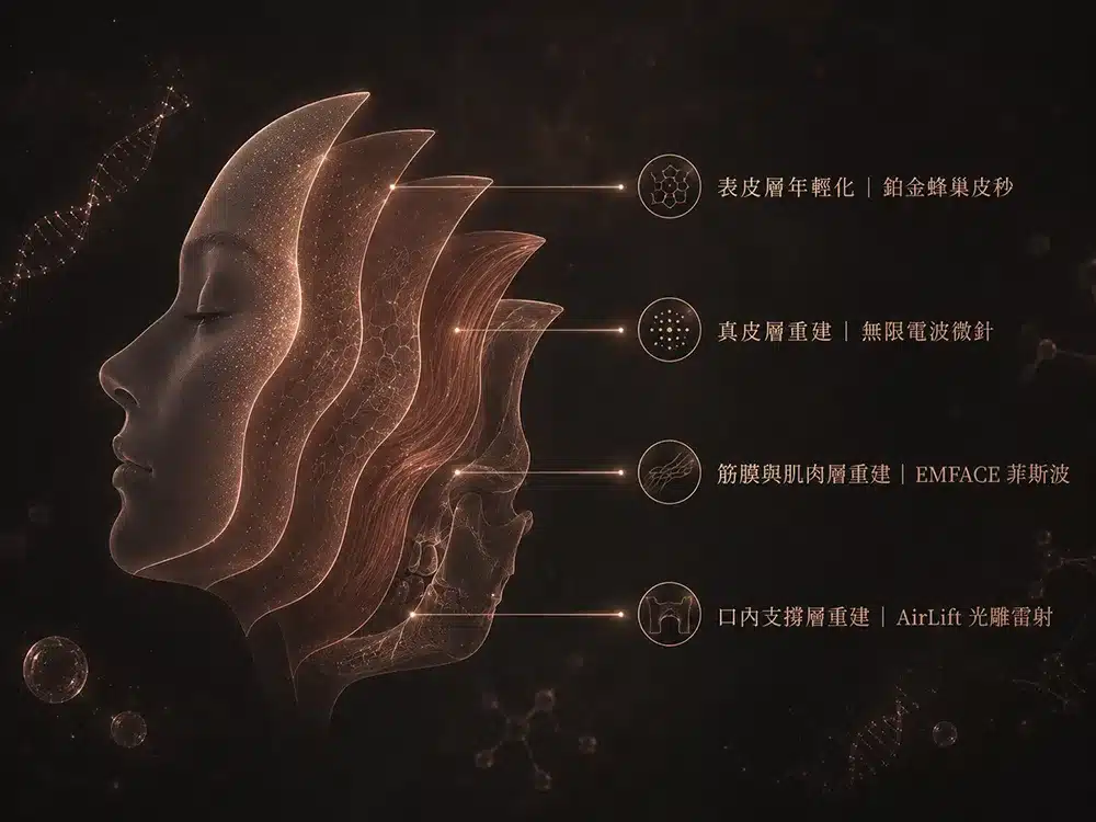 霍普金斯以全臉全層結構重建概念規劃年輕化療程，圖中以分層側臉呈現表皮、真皮、筋膜與肌肉，以及口內支撐層，並對應鉑金蜂巢皮秒、無限電波微針、EMFACE 菲斯波與 AirLift 光雕雷射四項療程。