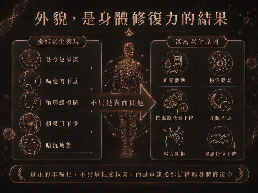 霍普金斯診所以深層老化與身體修復力為核心，說明外貌變化不只是表面問題，而是與血糖波動、慢性發炎、粒線體能量下降、睡眠不足、壓力耗損與膠原修復下降有關，並對應法令紋變深、嘴邊肉下垂、輪廓線模糊、蘋果肌下垂與暗沉疲態等臉部老化表現。