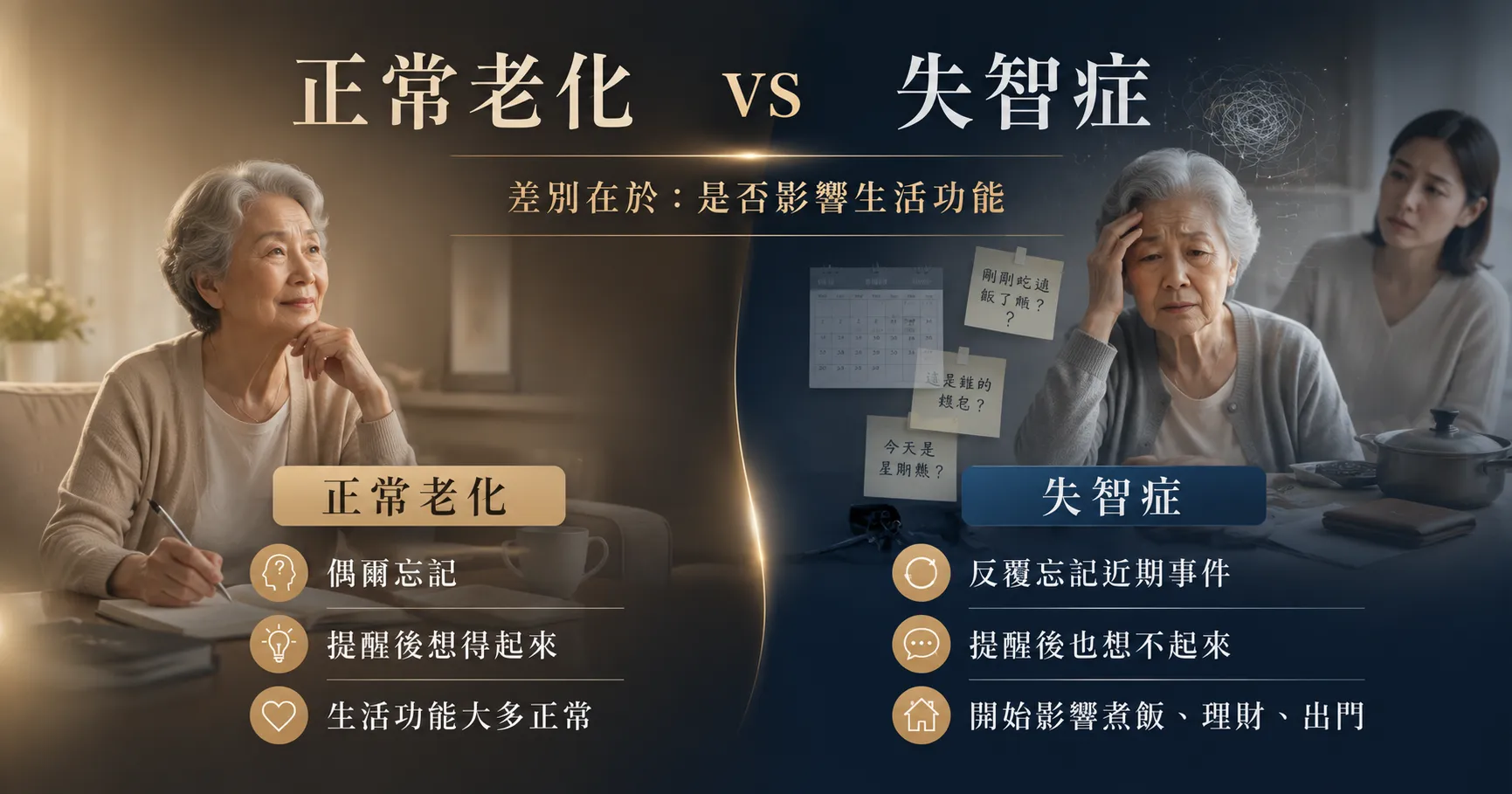正常老化與失智症差異比較，重點在於失智症會持續惡化並影響日常生活功能。