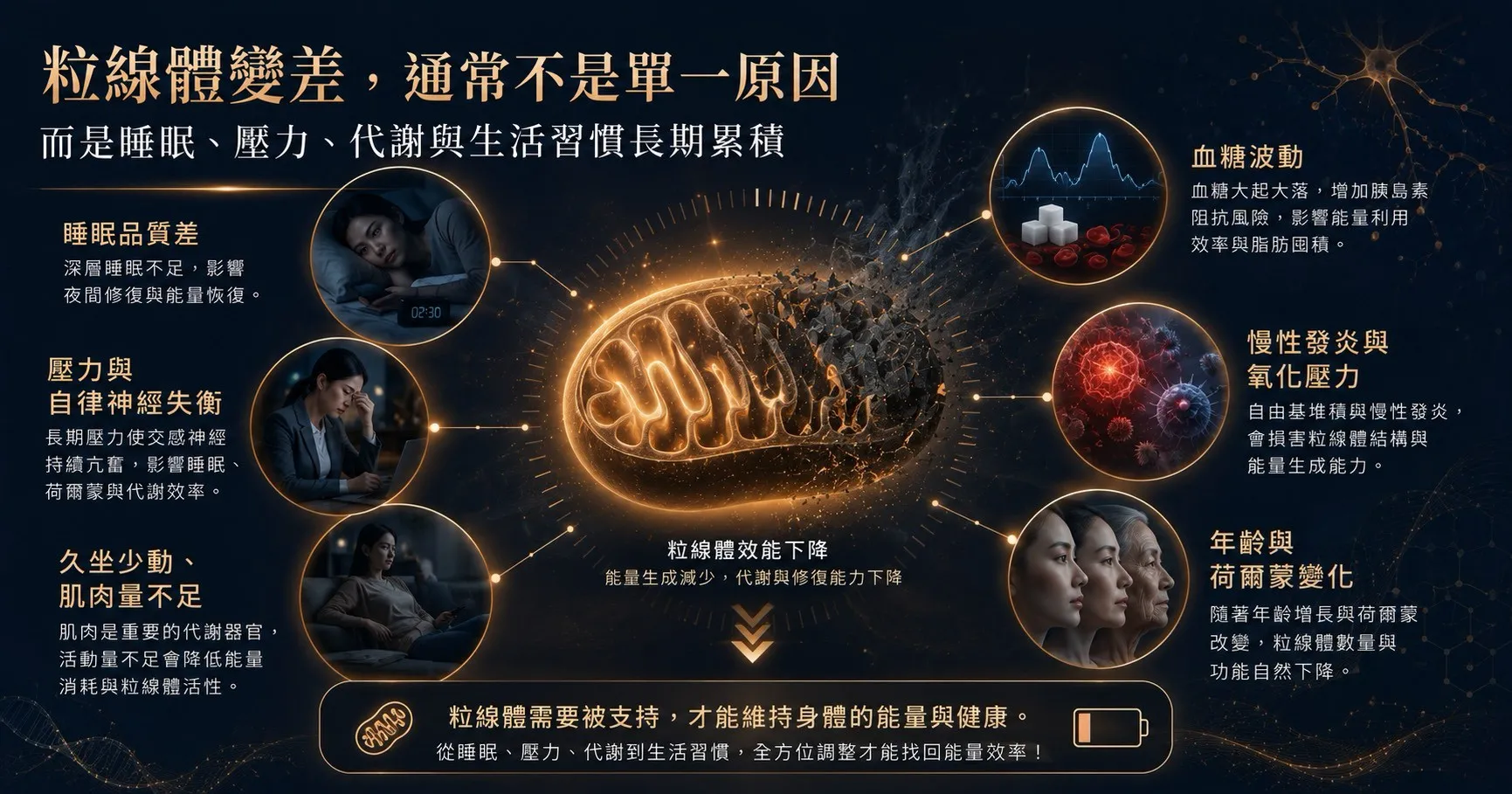 粒線體效能下降可能與睡眠不足、壓力、自律神經失衡、久坐、血糖波動、慢性發炎與年齡變化有關。