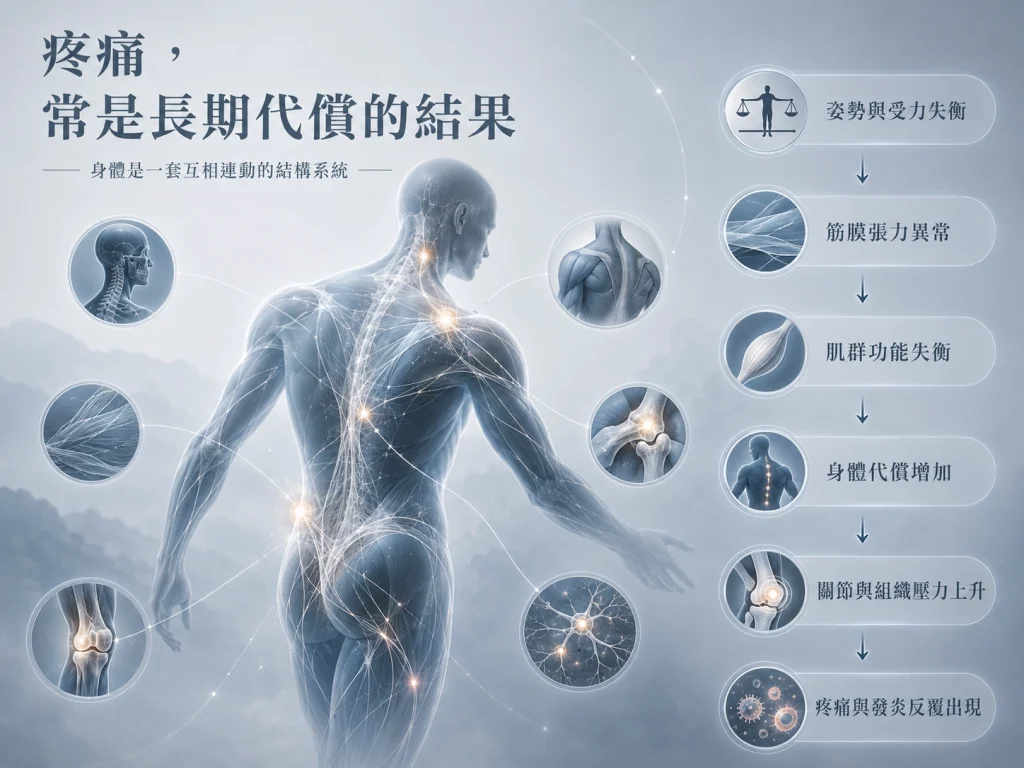 霍普金斯疼痛醫學結構系統示意圖，以霧藍科學風呈現筋膜、肌肉、骨骼、關節與神經彼此連動的全身結構，說明姿勢與受力失衡可能引發筋膜張力異常、肌群功能失衡、身體代償增加，進而造成關節與組織壓力上升，讓疼痛與發炎反覆出現。