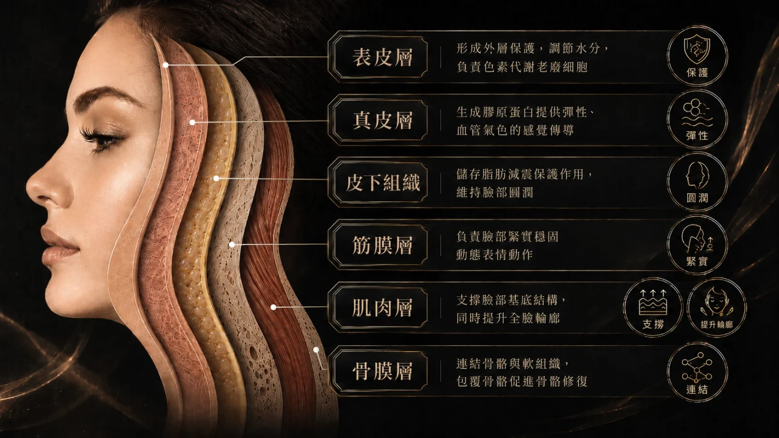 霍普金斯臉部結構分層示意圖，以側臉剖面呈現表皮層、真皮層、皮下組織、筋膜層、肌肉層與骨膜層，說明各層與肌膚保護、膠原彈性、臉部圓潤、輪廓緊實、深層支撐及骨骼連結修復的關係。