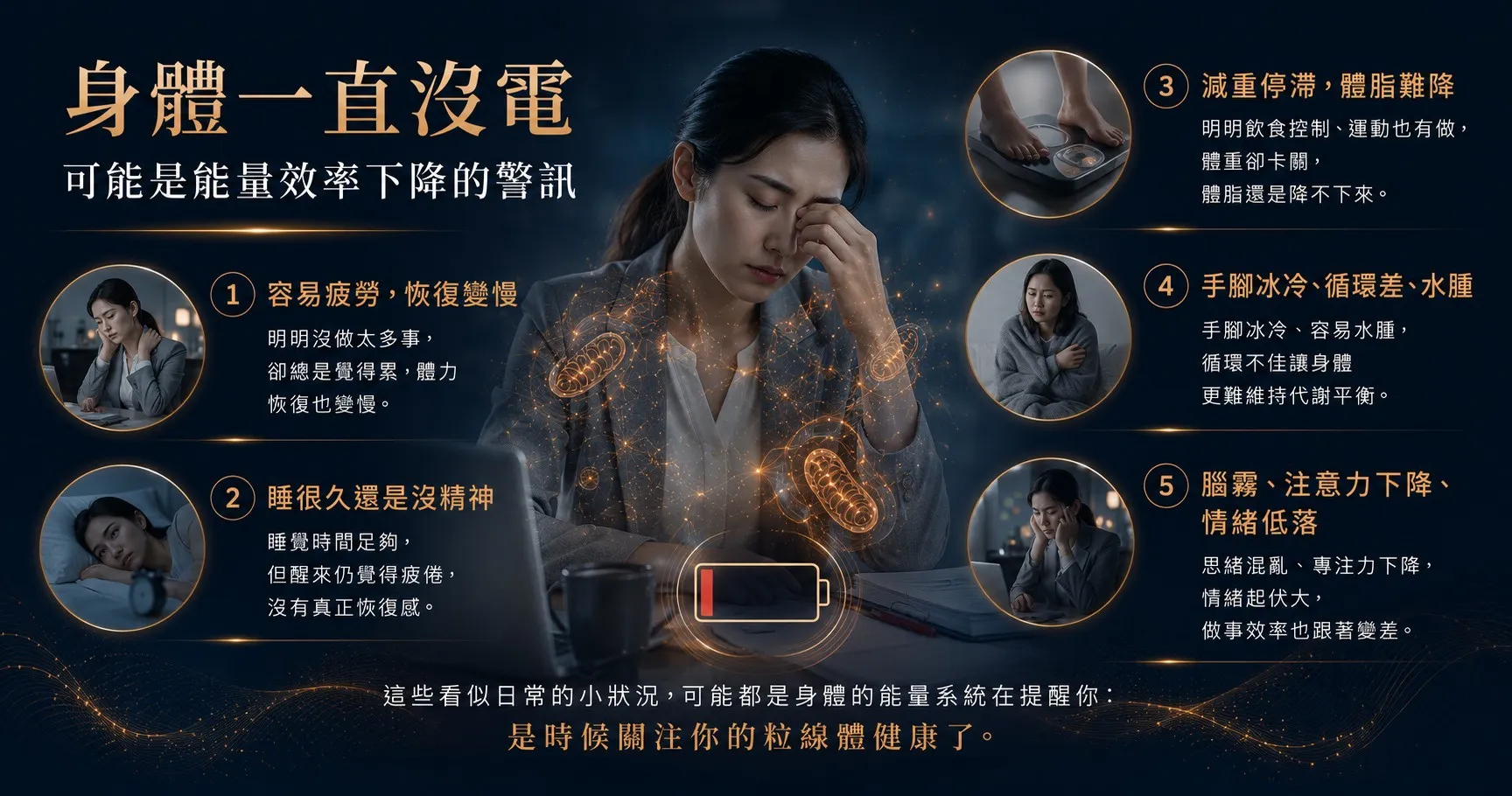 粒線體效能下降可能出現疲勞、睡醒仍累、減重卡關、循環不佳與注意力下降等警訊。