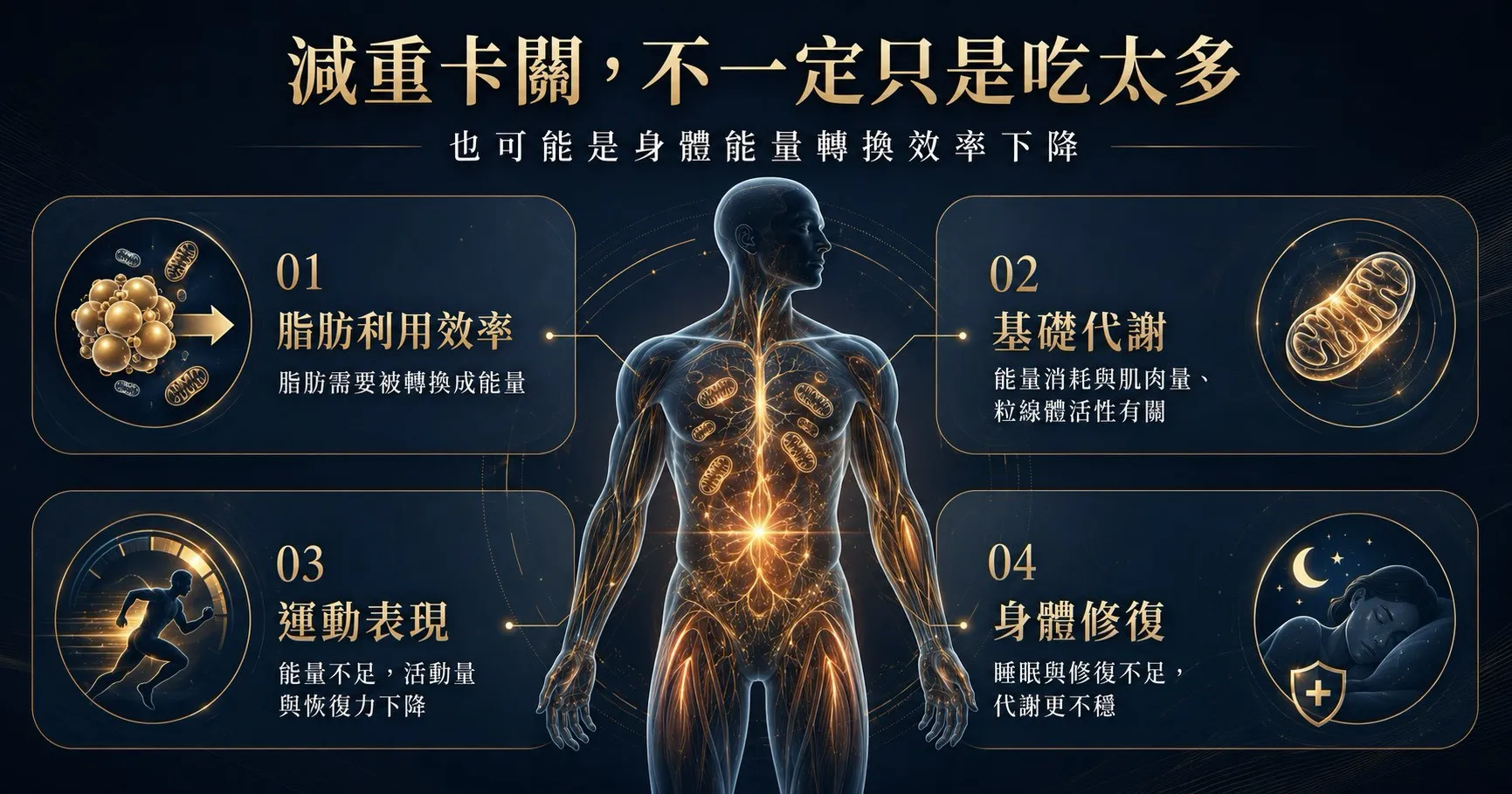 減重卡關可能與脂肪利用效率、基礎代謝、運動恢復力與睡眠修復不足有關。