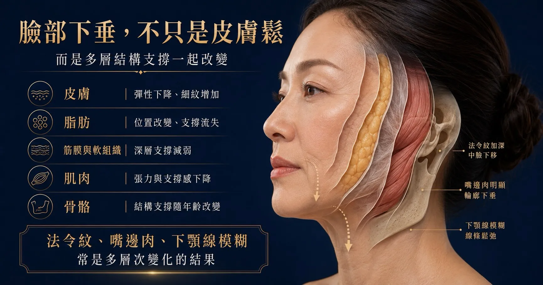 臉部下垂不只是皮膚鬆弛，也與脂肪位移、筋膜與軟組織支撐減弱、肌肉張力下降與骨骼結構改變有關。