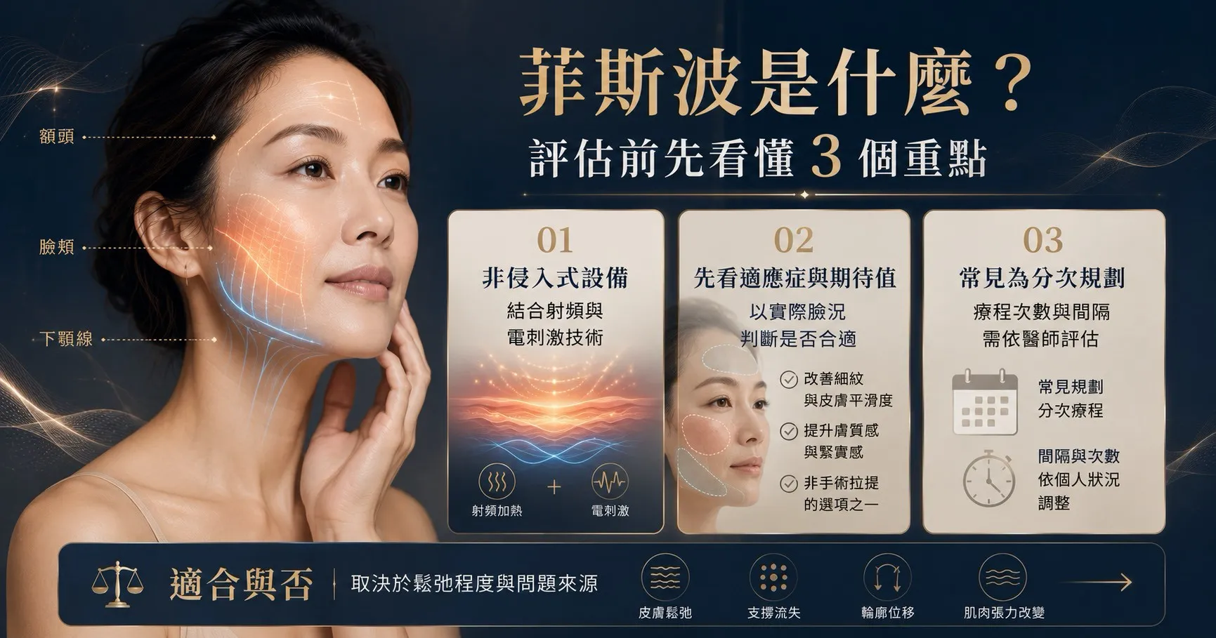 菲斯波 EMFACE 屬於非侵入式設備，評估前需了解適應症、期待值與個人臉部鬆弛程度。