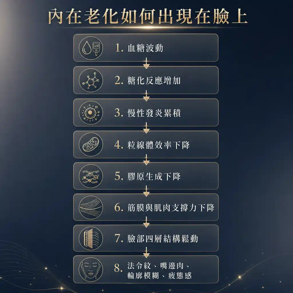 內在老化影響臉部外觀的流程圖，說明從血糖波動到臉部結構鬆動，最後出現法令紋、嘴邊肉、輪廓模糊與疲態感。