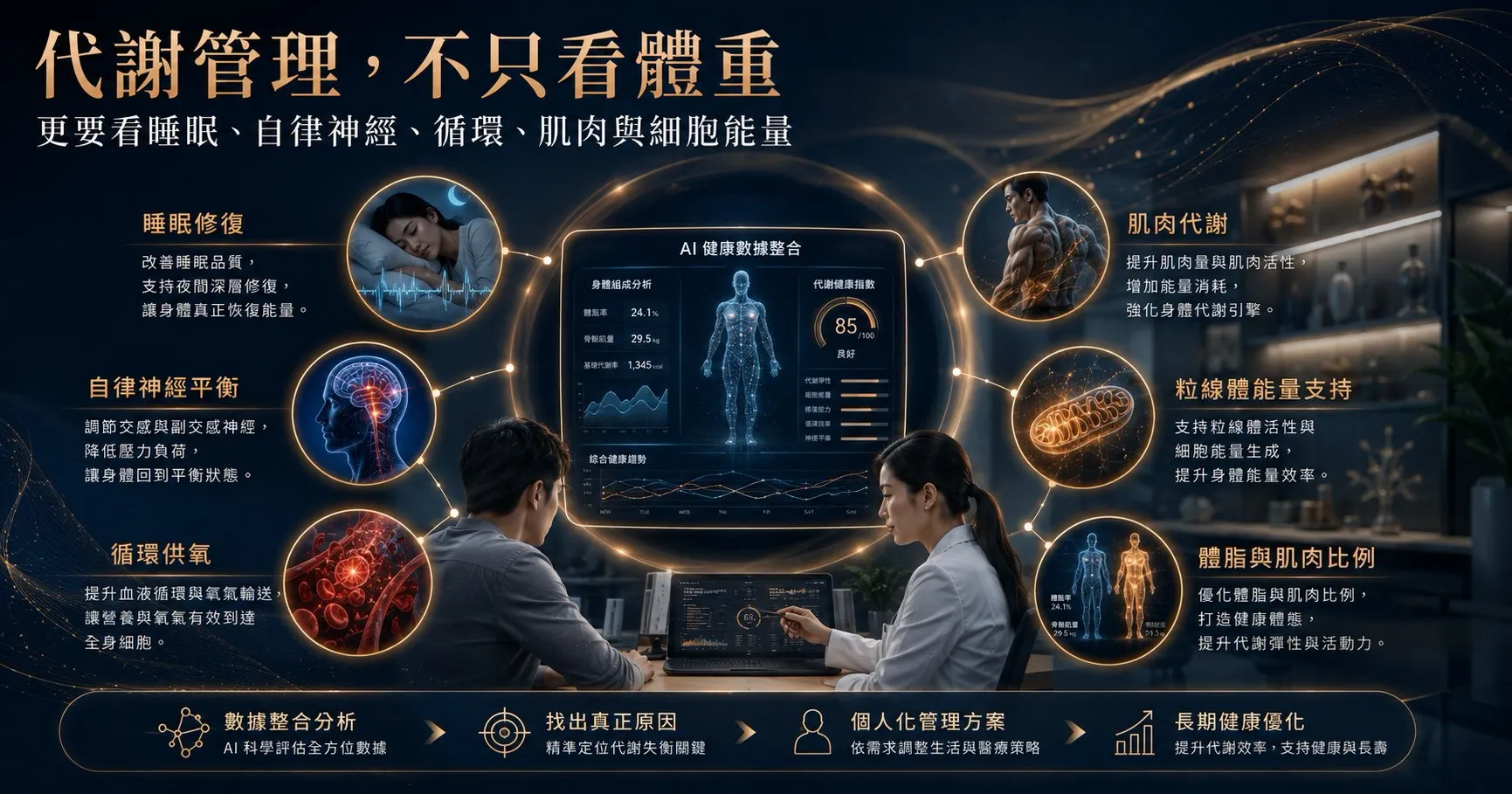 霍普金斯診所從睡眠、自律神經、循環、肌肉、粒線體能量與體脂肌肉比例整合代謝管理。