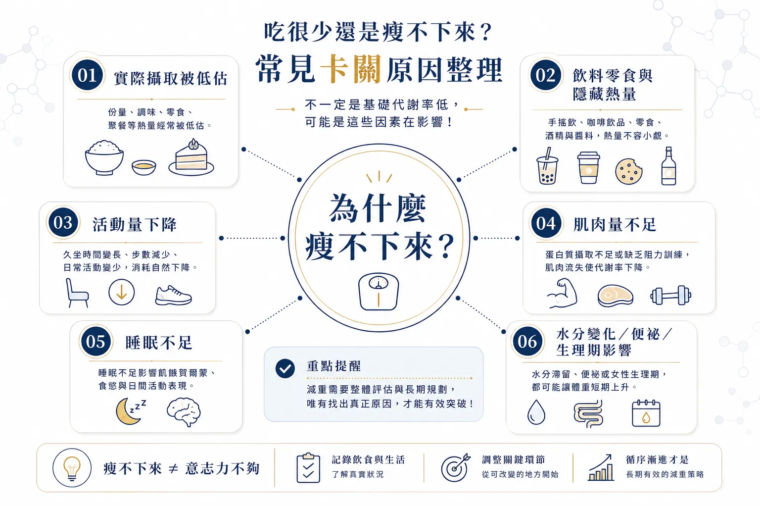 減重怎麼開始?2026 體脂、內臟脂肪與基礎代謝 7 大評估指南 6 吃很少還是瘦不下來的常見原因,包括熱量低估、活動量下降、肌肉不足與睡眠不足