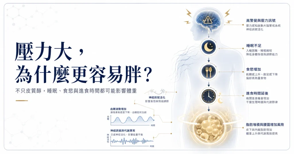 壓力大為什麼容易胖，圖解睡眠不足、食慾、進食時間與腹部脂肪之間的關係