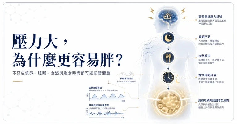 壓力大為什麼容易胖，圖解睡眠不足、食慾、進食時間與腹部脂肪之間的關係