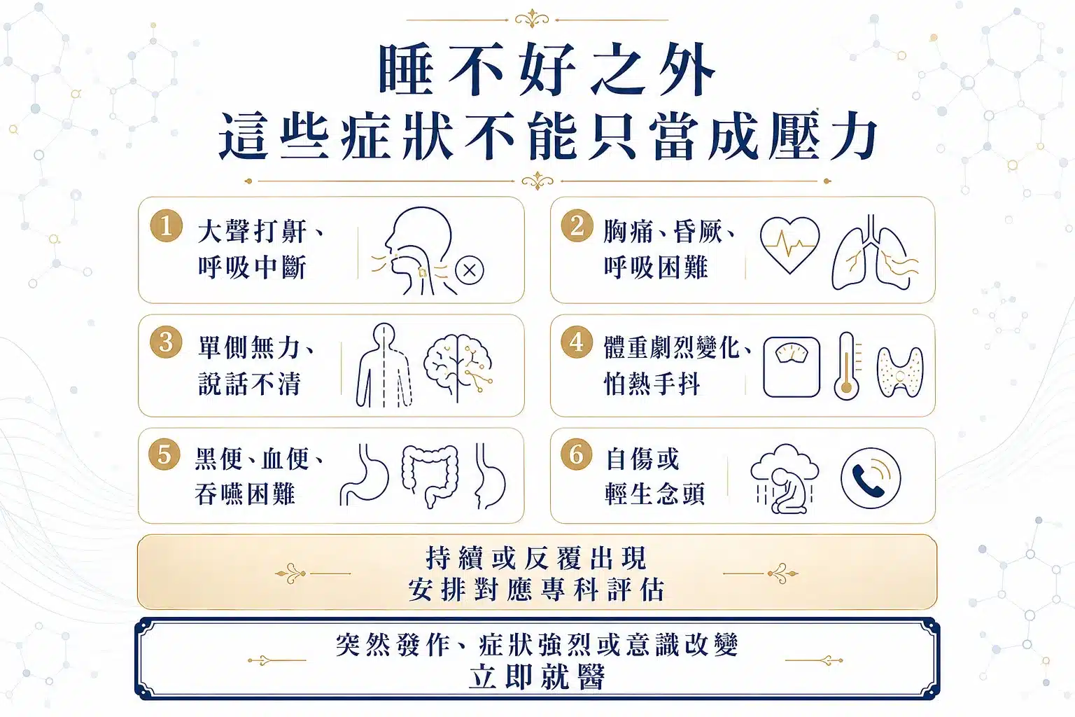 新竹自律神經失調看哪一科?失眠、心悸、頭暈等 6 大類症狀分流一次看 5 失眠合併胸痛、呼吸中斷、單側無力等症狀時的就醫警訊圖