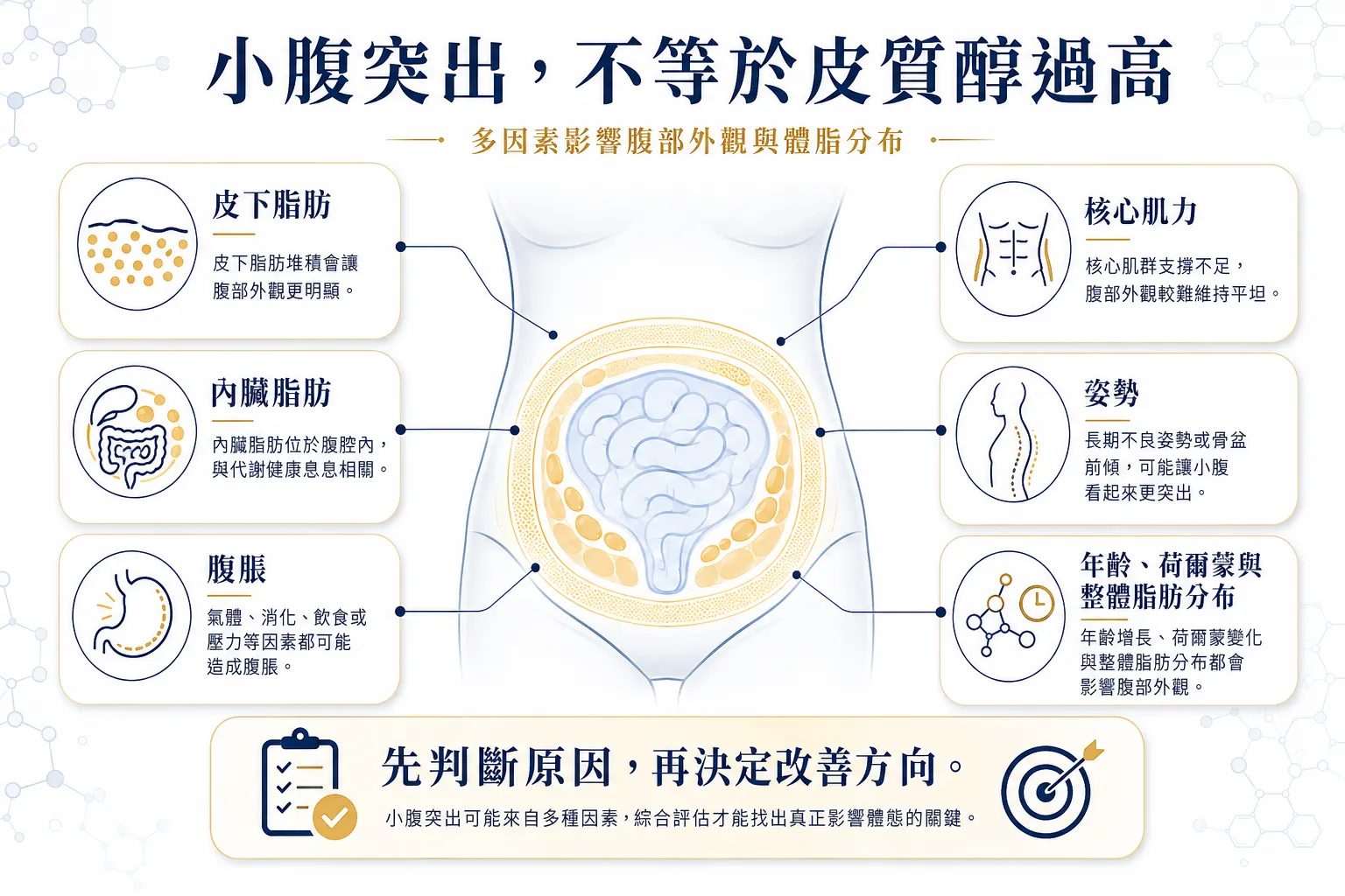 小腹突出可能與皮下脂肪、內臟脂肪、腹脹、核心肌力和姿勢等多種因素有關