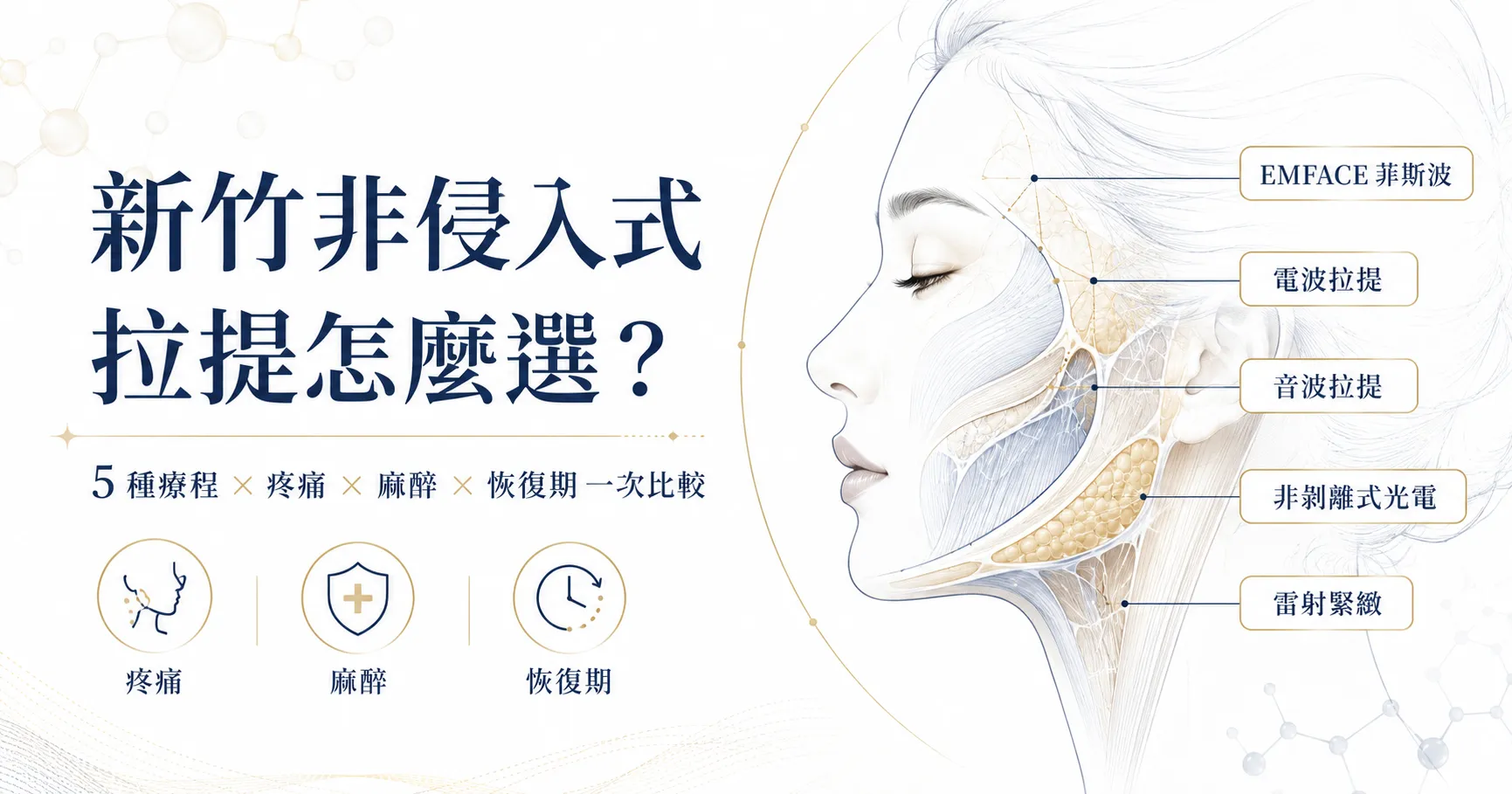 新竹非侵入式拉提怎麼選?2026 年 5 種拉提療程、疼痛與恢復期一次比較 1 新竹非侵入式拉提怎麼選,EMFACE 菲斯波、電波、音波、光電與雷射疼痛麻醉恢復期比較