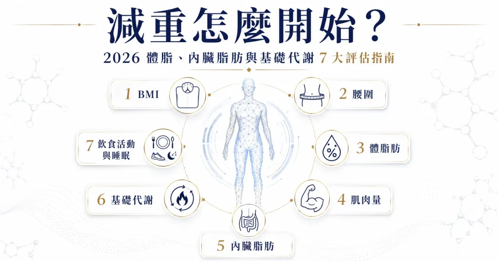 減重怎麼開始封面圖，呈現體脂、內臟脂肪、基礎代謝與腰圍等7大評估重點的醫學資訊圖