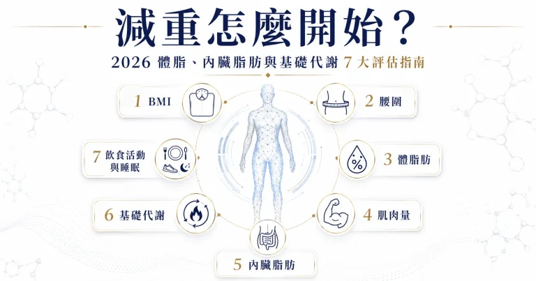 減重怎麼開始封面圖，呈現體脂、內臟脂肪、基礎代謝與腰圍等7大評估重點的醫學資訊圖