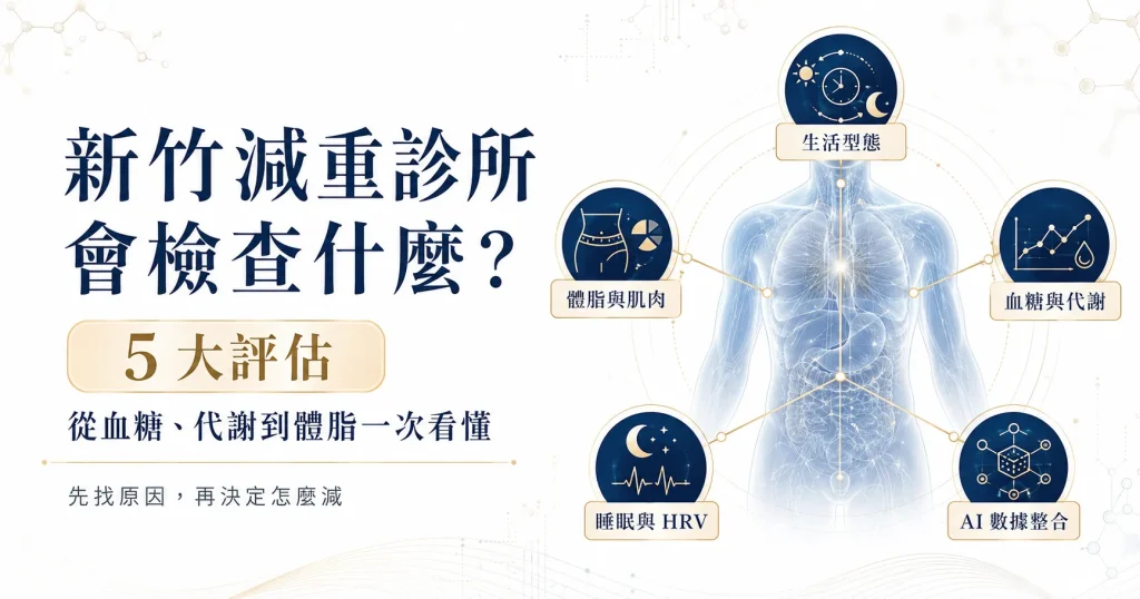 新竹減重診所初診5大評估圖解，包含體脂肌肉、腰圍內臟脂肪、血糖代謝、睡眠HRV與AI健康資料。