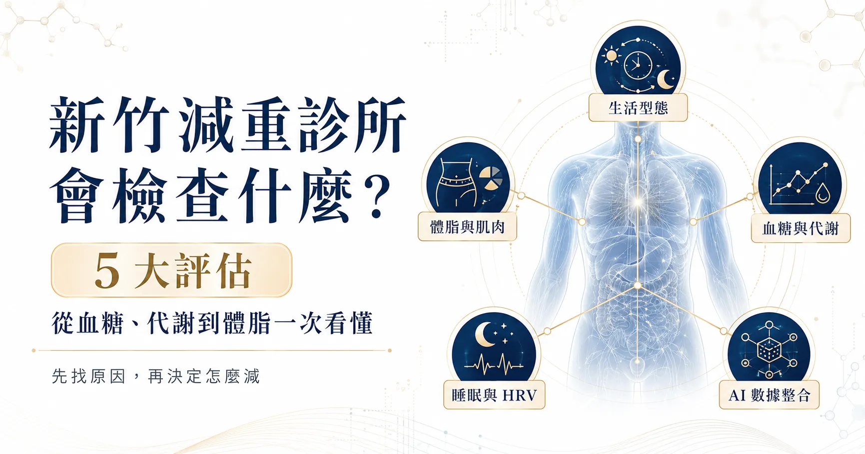 新竹減重診所初診5大評估圖解，包含體脂肌肉、腰圍內臟脂肪、血糖代謝、睡眠HRV與AI健康資料
