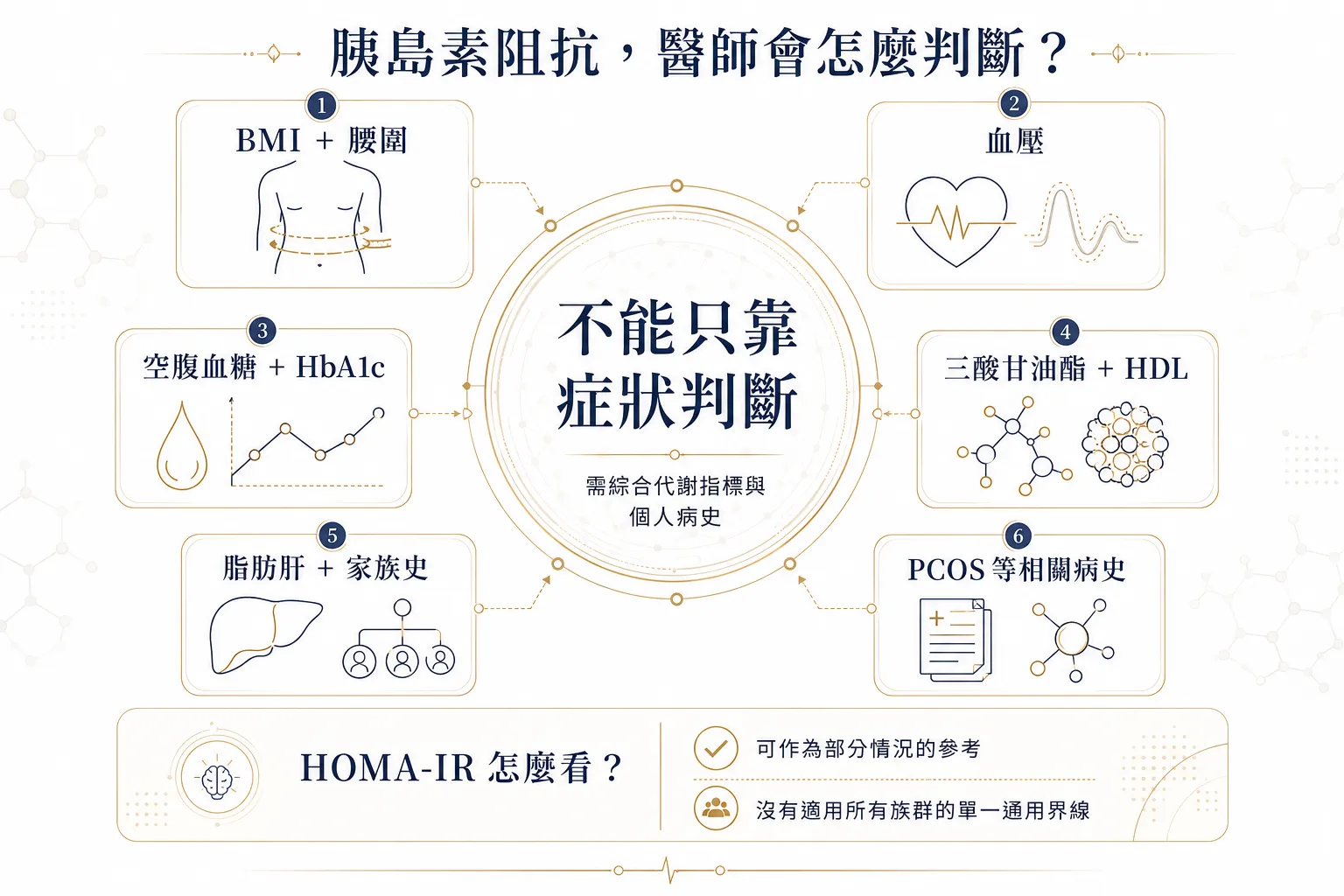 胰島素阻抗評估因素圖解，包括BMI腰圍、血壓、空腹血糖、HbA1c、血脂、脂肪肝、家族史與相關病史