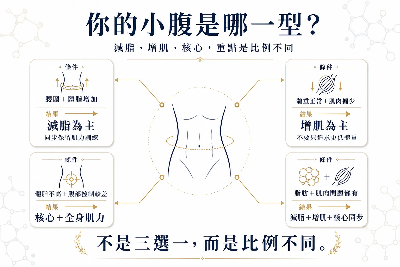 久坐小腹怎麼改善?2026減脂、增肌、核心訓練先後順序一次看懂 3 久坐小腹減脂、增肌與核心訓練判斷流程圖,依體脂、肌肉量與核心能力決定方向