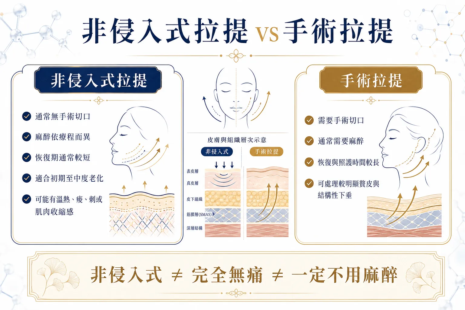 新竹非侵入式拉提怎麼選?2026 年 5 種拉提療程、疼痛與恢復期一次比較 2 非侵入式拉提與手術拉提在切口、麻醉、疼痛、恢復期與適合老化程度上的差異