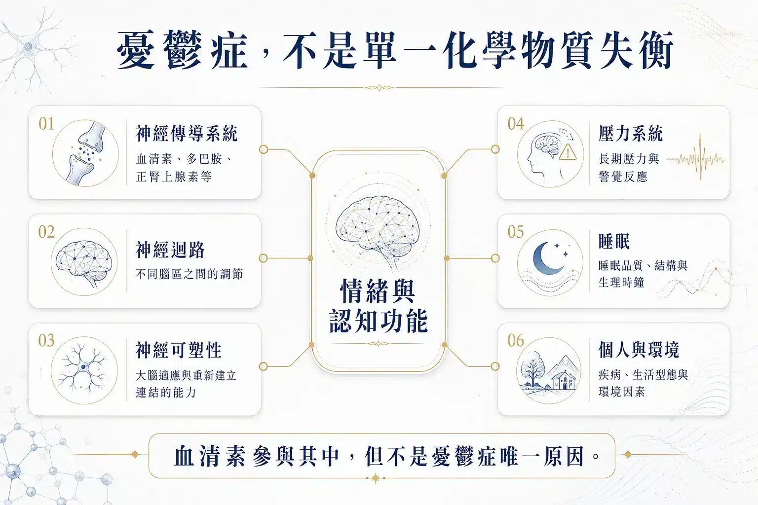 難治型憂鬱症怎麼辦?從大腦神經、自律神經、睡眠修復到 Deep TMS 完整解析 2 憂鬱症與血清素、神經迴路、神經可塑性、壓力及睡眠關係圖解
