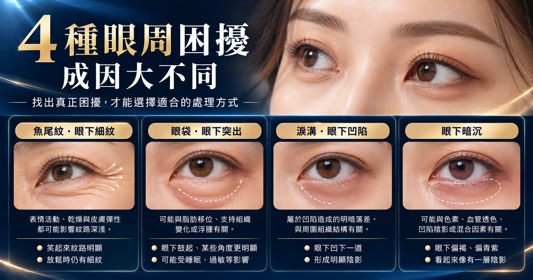 EMFACE 眼周貼片是什麼?魚尾紋、眼袋、淚溝與療程安排一次了解 3 4種常見眼周困擾圖解,包含魚尾紋與眼下細紋、眼袋突出、淚溝凹陷及眼下暗沉,說明EMFACE眼周貼片諮詢前需區分的不同成因。