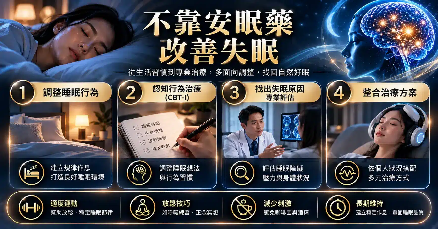 安眠藥怎麼吃才安全?詳解4大失眠用藥,作用時間、副作用一次看 5 不想靠安眠藥改善失眠的4大方向,包括調整睡眠習慣、失眠認知行為治療CBT-I、專業評估及個人化整合治療。