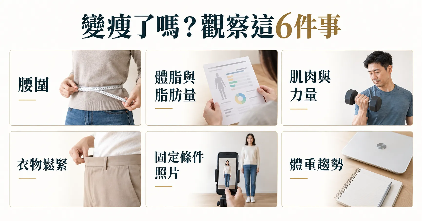 感覺變瘦但體重不變?破解5大迷思、6項觀察重點,別只看數字! 2 感覺變瘦但體重不變的5大迷思,釐清減脂成效、肌肉重量、運動增肌與體脂測量觀念。