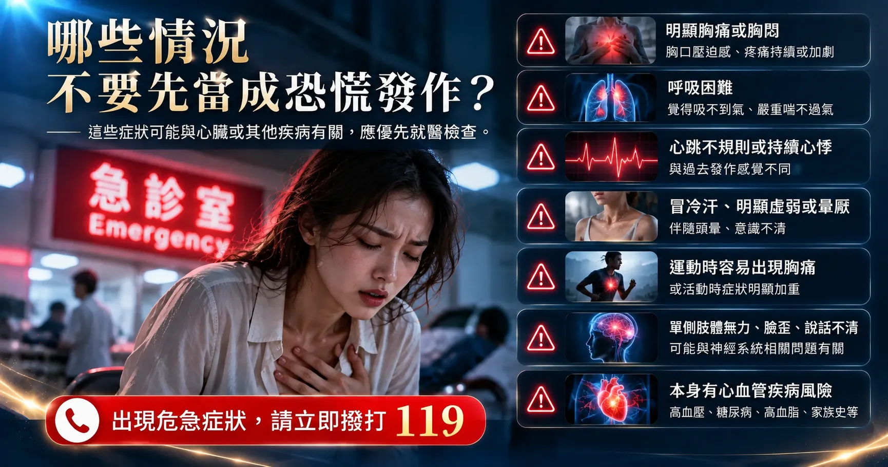 突然心悸、胸悶或呼吸困難不一定是恐慌症，若伴隨嚴重胸痛、冒冷汗、暈厥或神經症狀，應立即就醫。