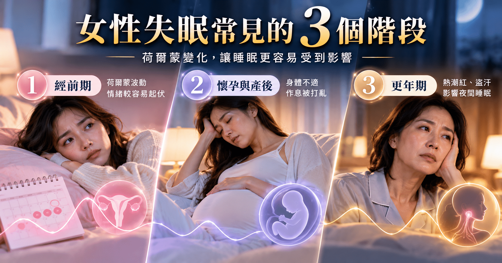 睡不著原因有哪些?帶你從7大類原因對照,找出你睡不著的關鍵! 5 女性失眠原因與荷爾蒙變化有關,圖解經前期、懷孕與產後、更年期3個常見睡眠困擾階段,以及情緒波動、身體不適、熱潮紅與夜間盜汗等影響。
