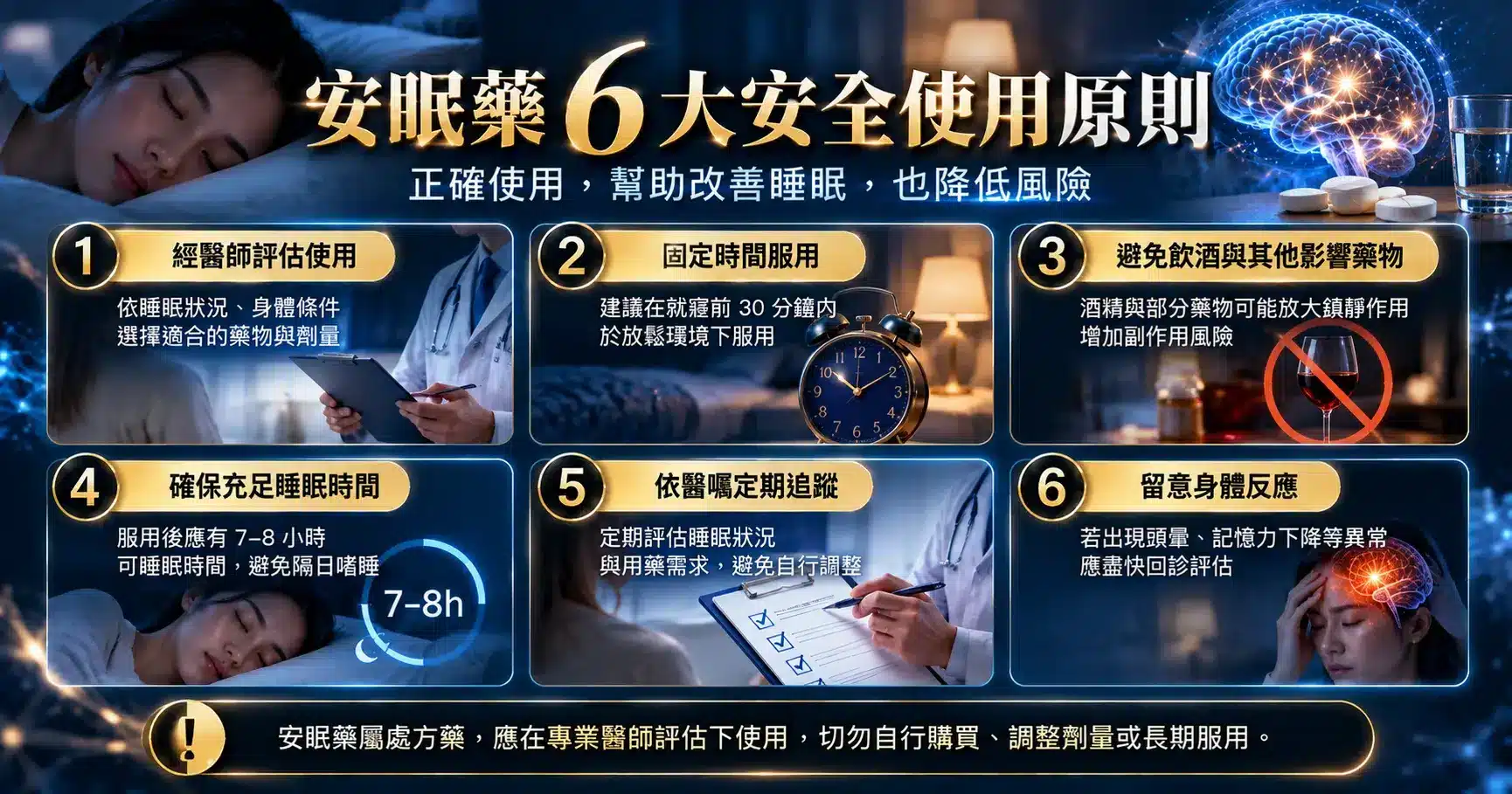 安眠藥怎麼吃才安全?詳解4大失眠用藥,作用時間、副作用一次看 2 安眠藥6大安全使用原則圖解,包括醫師評估、依處方服藥、避免酒精、保留充足睡眠時間、定期回診及留意異常反應。